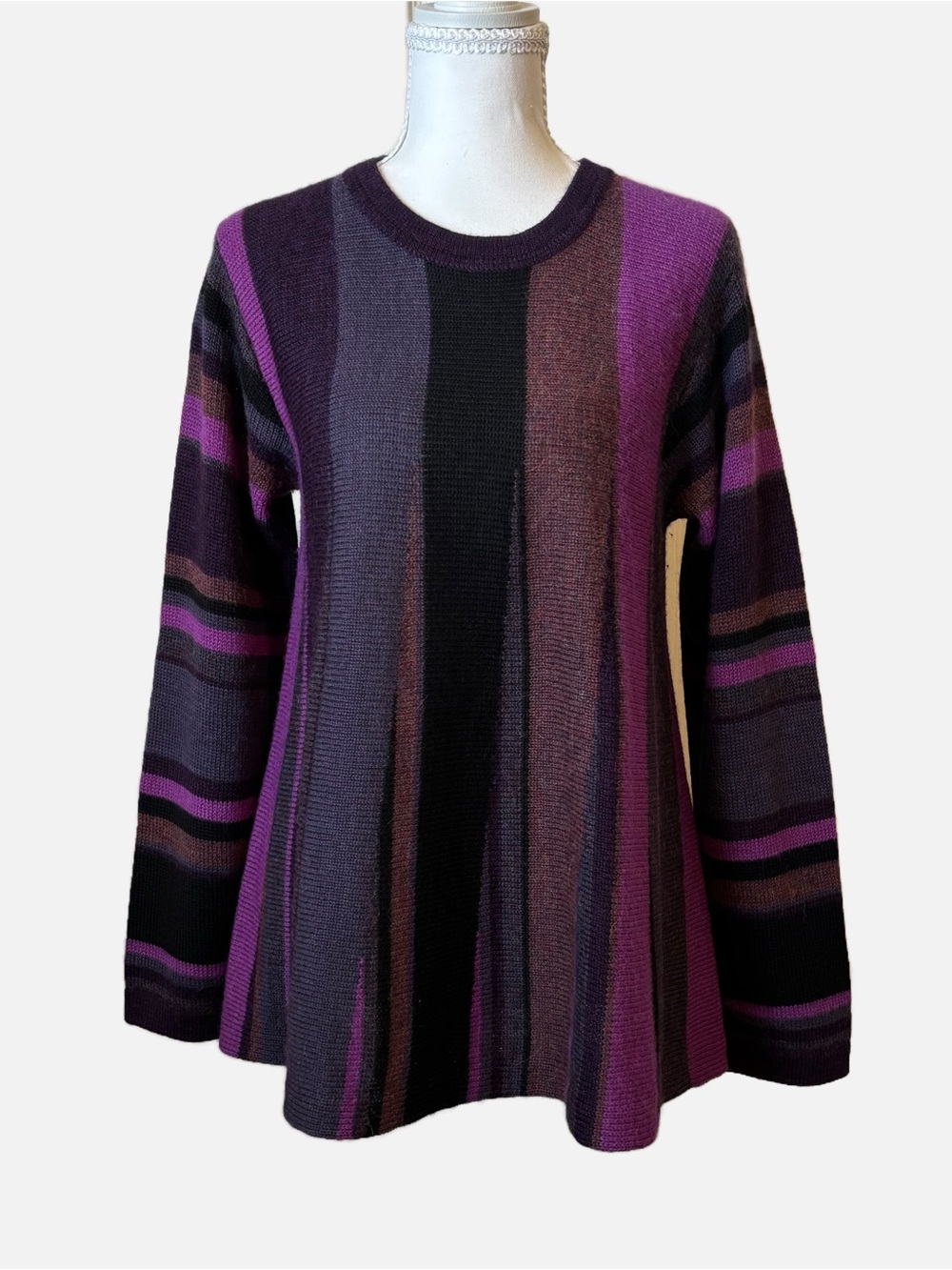 Pure Alpaca Women’s Purple Black Crewneck A-Line 100% Baby Alpaca Sweater Large
